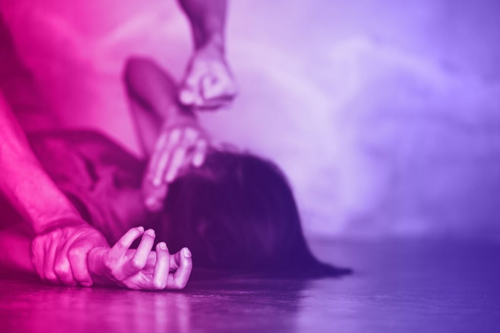 Malignant narcissist abusing woman on the group restraining her from moving and humiliating her