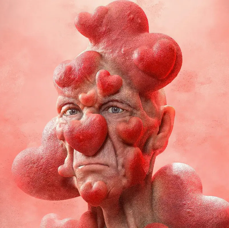This surreal and emotionally charged digital artwork depicts an elderly man with a stern, unamused expression, his face and head overtaken by bulbous, red heart-shaped growths. The exaggerated hearts symbolize inflated self-importance, need for validation, and emotional manipulation. The piece serves as a metaphorical representation of a narcissist when sick—showcasing how such individuals may dramatize illness to elicit sympathy, attention, and control. Set against a soft, hazy pink backdrop, the image blends unsettling realism with metaphor to reflect the psychological dynamics of narcissistic behavior during vulnerable moments.